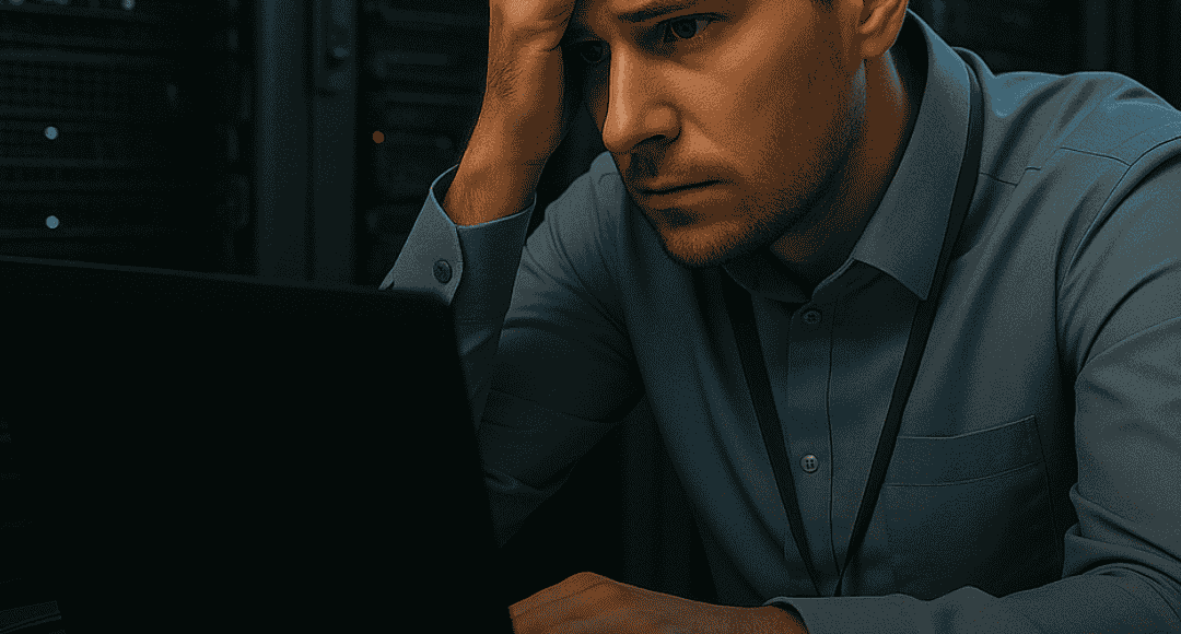 Profissional de TI monitorando painel de segurança cibernética preocupado com a resiliência de dados e a vulnerabilidade dos sistemas.