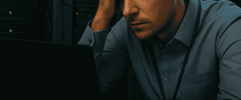 Profissional de TI monitorando painel de segurança cibernética preocupado com a resiliência de dados e a vulnerabilidade dos sistemas.